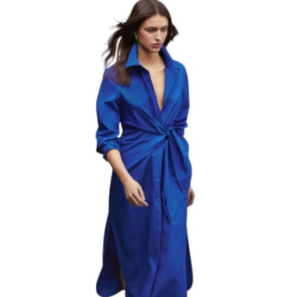 Massimo Dutti blue long Poplin side knot long sleeve shirt dress size L - Picture 1 of 9